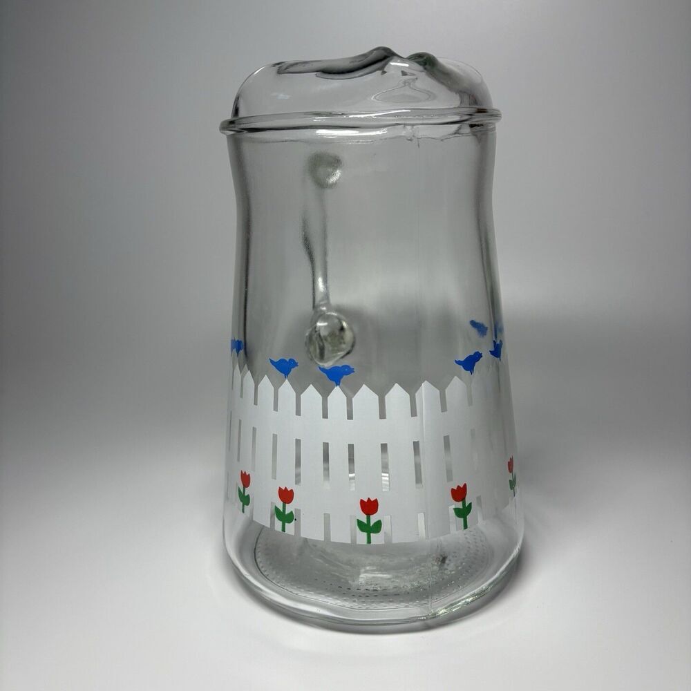 Libbey White Fence Blue Birds Red Flowers Clear Glass Pitcher 64 oz Cottagecore - Picture 3 of 6